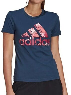 Adidas Graphic Logo Short Sleeve T-Shirt Navy + Pink Floral Size M